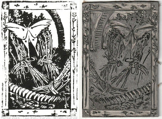 Illustration en linogravure de 105x148mm.