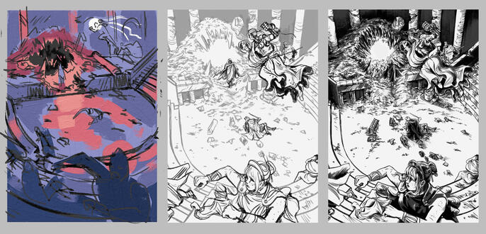 Etapes de réalisation d'une illustration, composition, croquis puis encrage. Réalisées sur Rebelle 8.