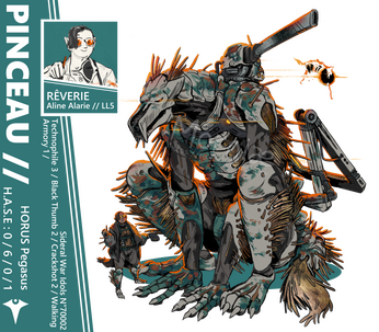 Illustration d'un mécha et de sa pilote dans l'univers du jeu de rôle "Lancer" édité par Massif Press.