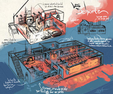 "Bienvenue chez les Delporte", concept isométrique d'un intérieur de boutique et lieu de vie fantasy.