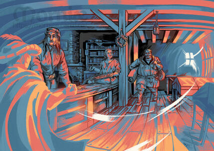 "Bienvenue chez les Delporte", illustration du souvenir d'un intérieur de boutique fantasy.